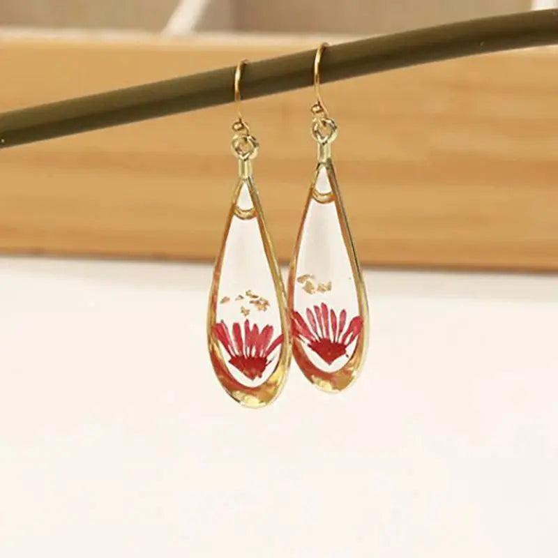 Real Pressed Flower Drop Earrings | Handmade Dried Flower Resin Teardrop Earrings | Gold Plated Botanical Jewelry
