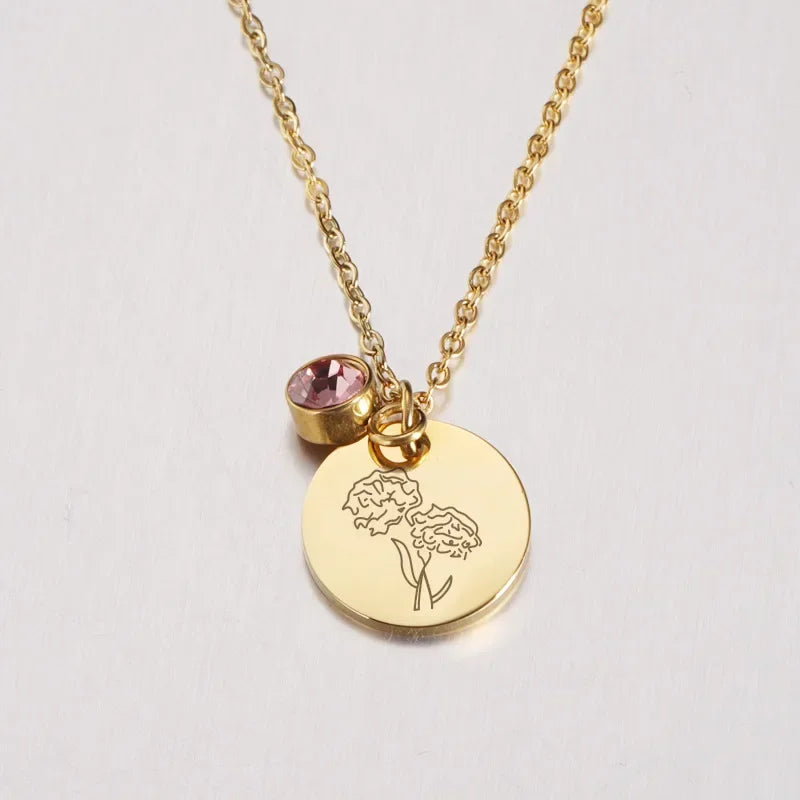 Birth Flower Birthstone Necklace - 18K Gold Plated Stainless Steel Disc Pendant Gift for Her