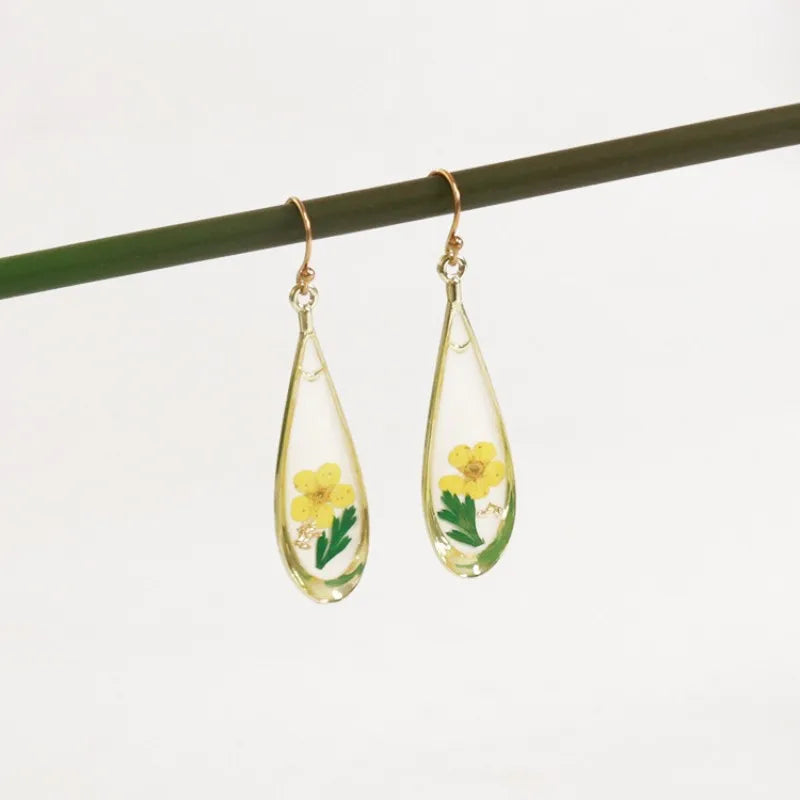 Real Pressed Flower Drop Earrings | Handmade Dried Flower Resin Teardrop Earrings | Gold Plated Botanical Jewelry