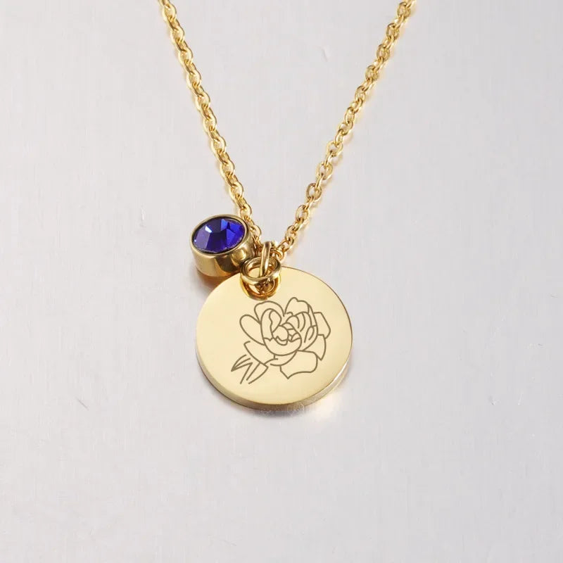 Birth Flower Birthstone Necklace - 18K Gold Plated Stainless Steel Disc Pendant Gift for Her