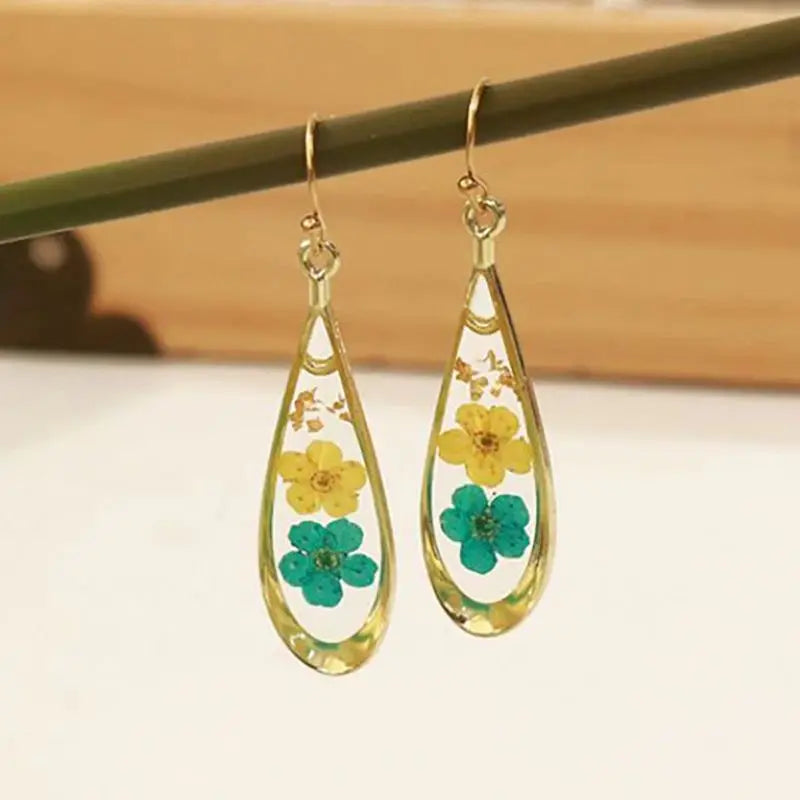 Real Pressed Flower Drop Earrings | Handmade Dried Flower Resin Teardrop Earrings | Gold Plated Botanical Jewelry