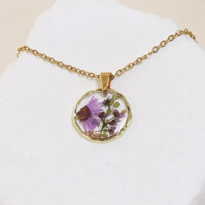 Pressed Flower Resin Necklace | Handmade Real Dried Flower Pendant | Gold Plated Botanical Jewelry