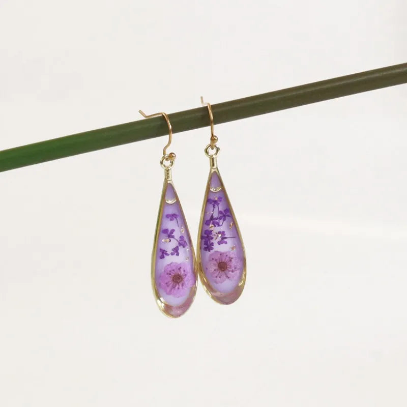 Real Pressed Flower Drop Earrings | Handmade Dried Flower Resin Teardrop Earrings | Gold Plated Botanical Jewelry