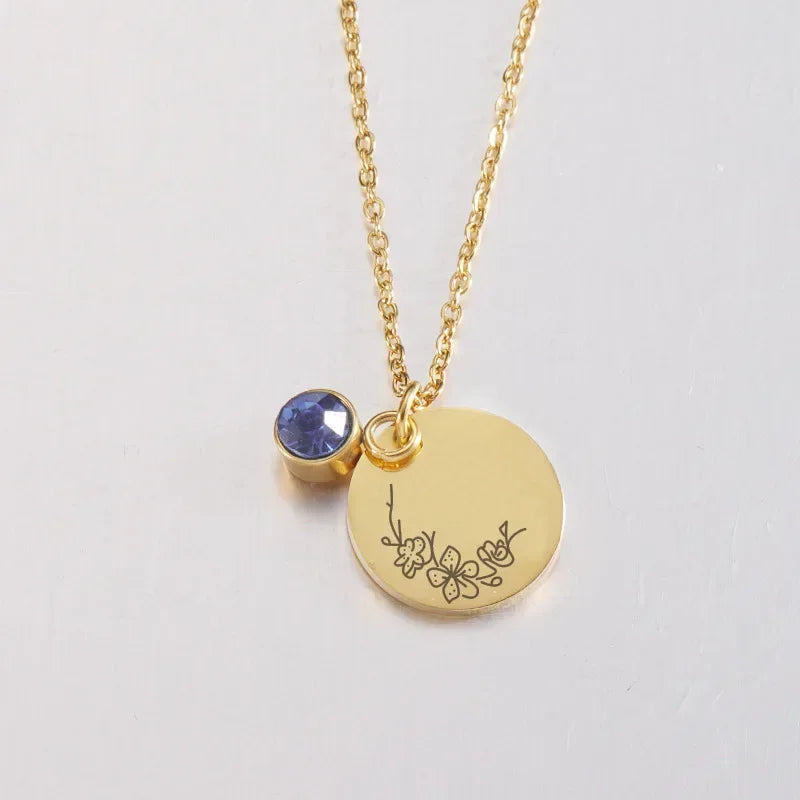 Birth Flower Birthstone Necklace - 18K Gold Plated Stainless Steel Disc Pendant Gift for Her