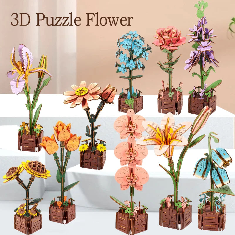 3D Woodcraft Hand-Held Flower Set Vase – DIY Puzzle Craft Kit, Home Decor Gift