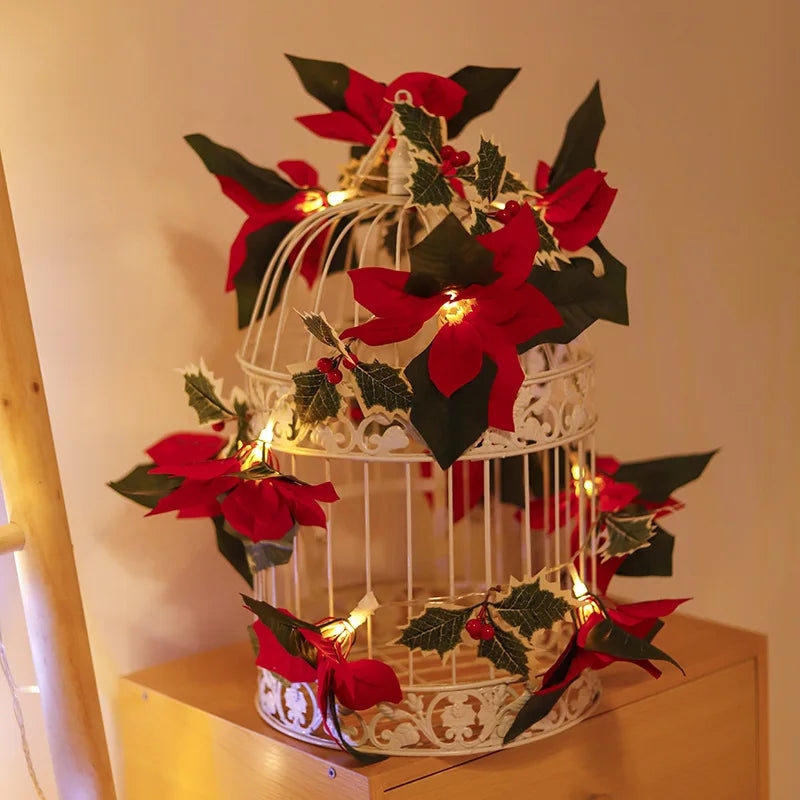 Christmas Poinsettia Garland with LED Lights – 2m/3m - USB Powered Lighted Garland for Mantel, Fireplace, Staircase, Door Décor