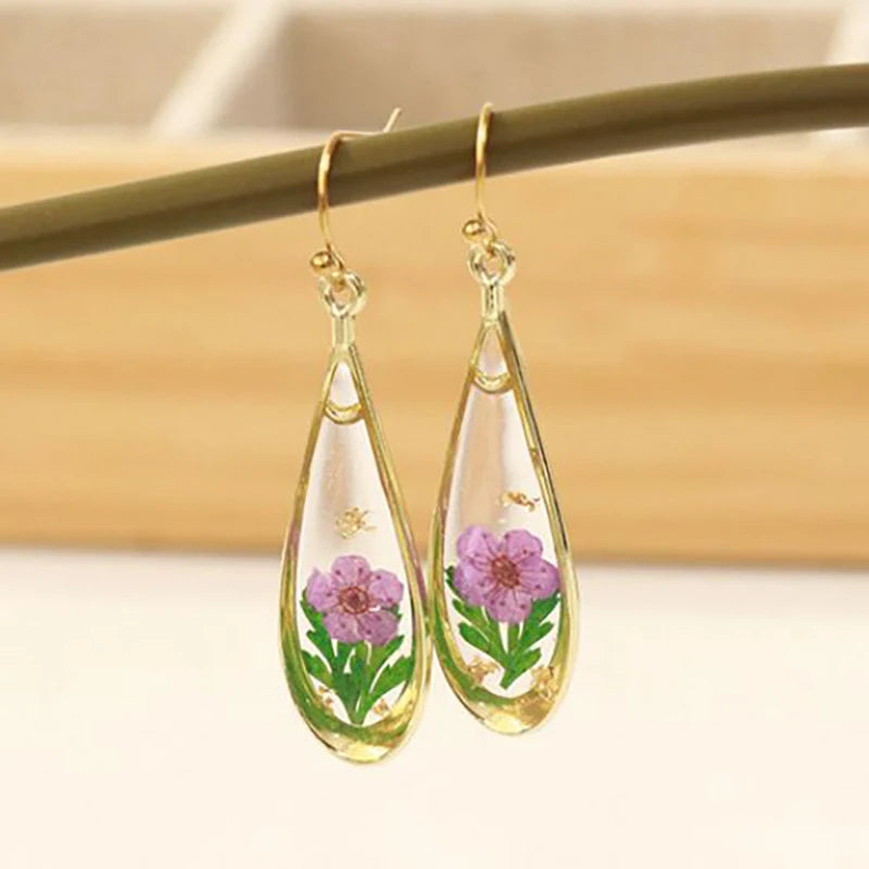 Real Pressed Flower Drop Earrings | Handmade Dried Flower Resin Teardrop Earrings | Gold Plated Botanical Jewelry
