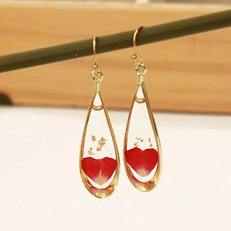 Real Pressed Flower Drop Earrings | Handmade Dried Flower Resin Teardrop Earrings | Gold Plated Botanical Jewelry