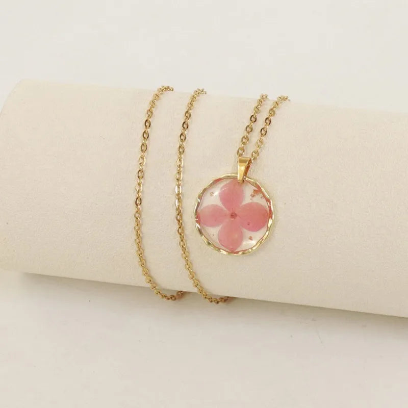 Pressed Flower Resin Necklace | Handmade Real Dried Flower Pendant | Gold Plated Botanical Jewelry