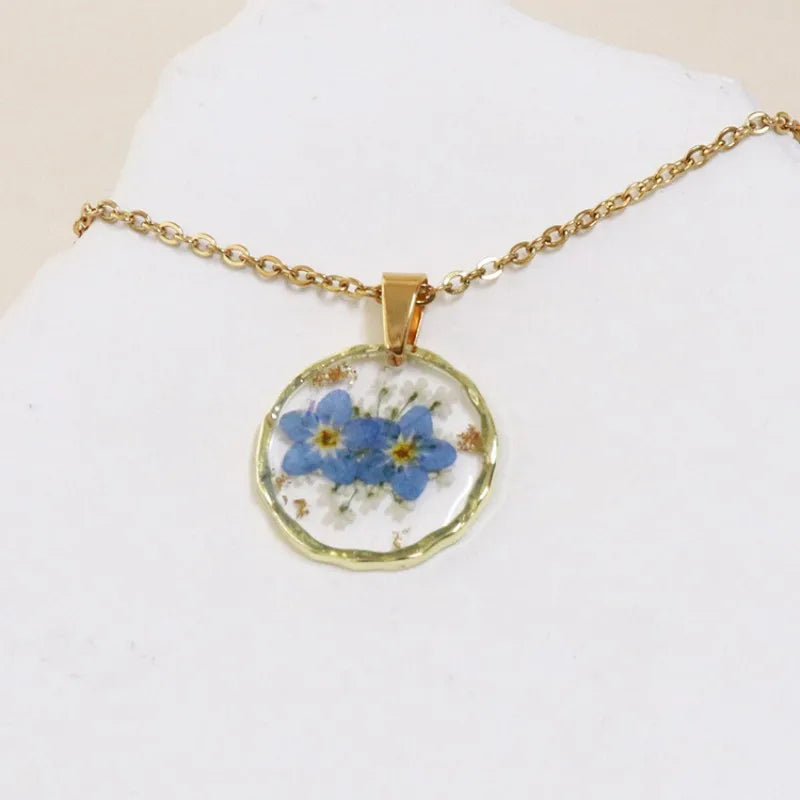 Pressed Flower Resin Necklace | Handmade Real Dried Flower Pendant | Gold Plated Botanical Jewelry