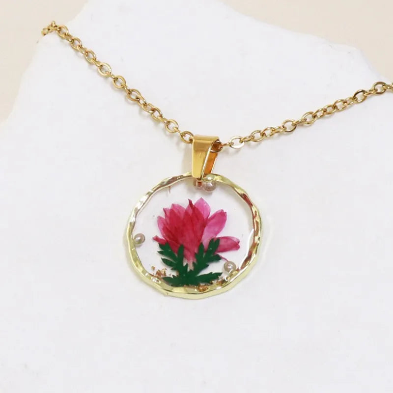 Pressed Flower Resin Necklace | Handmade Real Dried Flower Pendant | Gold Plated Botanical Jewelry