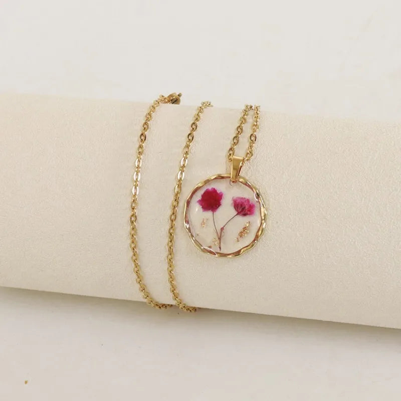 Pressed Flower Resin Necklace | Handmade Real Dried Flower Pendant | Gold Plated Botanical Jewelry