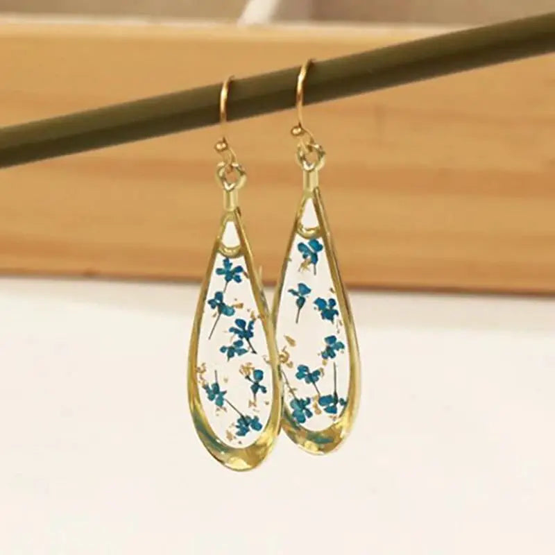 Real Pressed Flower Drop Earrings | Handmade Dried Flower Resin Teardrop Earrings | Gold Plated Botanical Jewelry