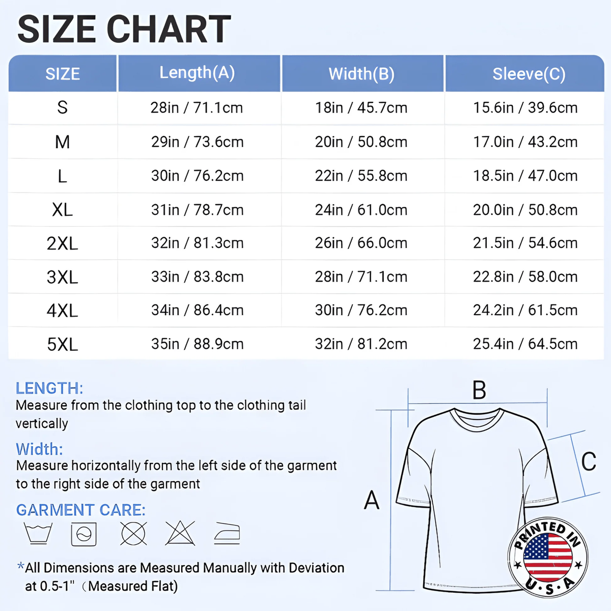 Unisex floral shirt size chart from S to 3XL