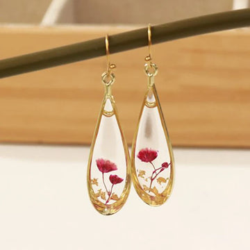 Real Pressed Flower Drop Earrings | Handmade Dried Flower Resin Teardrop Earrings | Gold Plated Botanical Jewelry