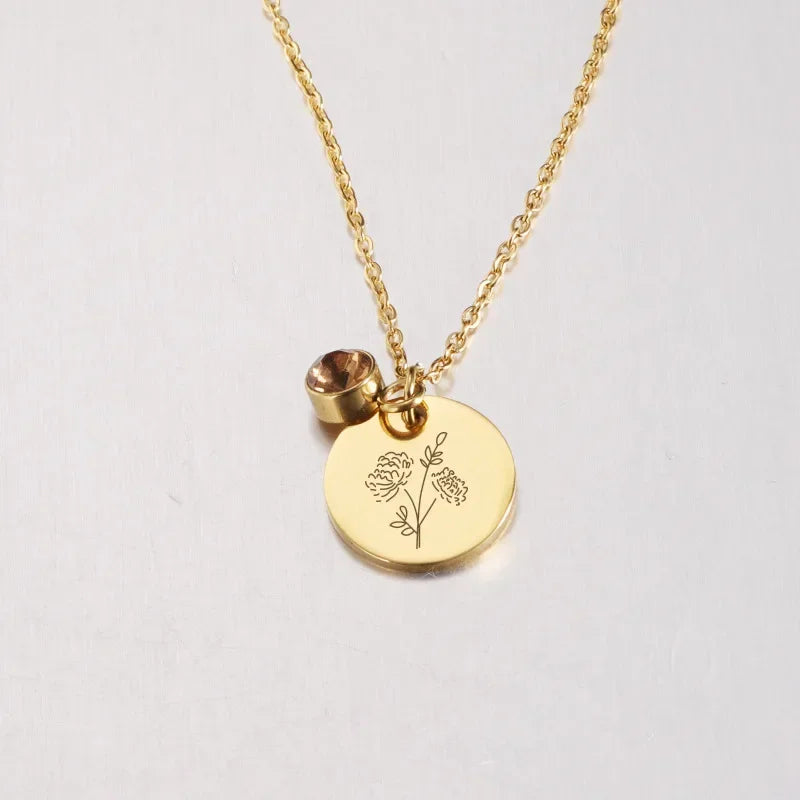 Birth Flower Birthstone Necklace - 18K Gold Plated Stainless Steel Disc Pendant Gift for Her