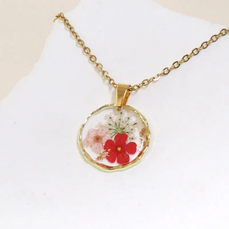 Pressed Flower Resin Necklace | Handmade Real Dried Flower Pendant | Gold Plated Botanical Jewelry