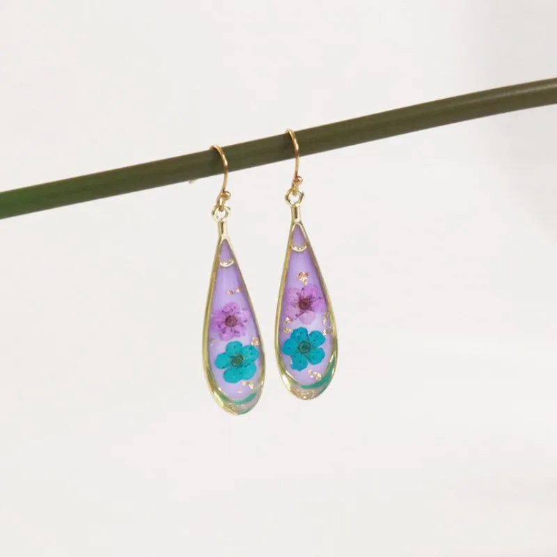 Real Pressed Flower Drop Earrings | Handmade Dried Flower Resin Teardrop Earrings | Gold Plated Botanical Jewelry