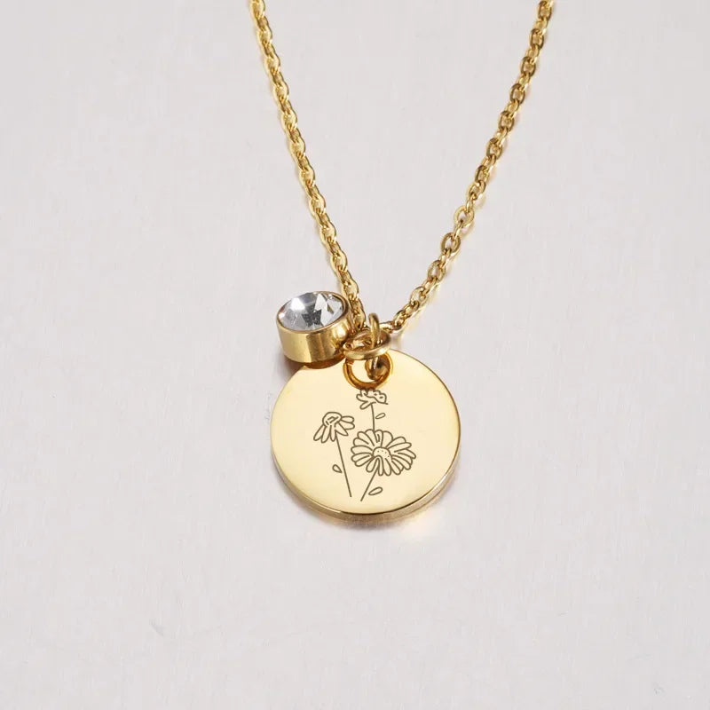 Birth Flower Birthstone Necklace - 18K Gold Plated Stainless Steel Disc Pendant Gift for Her