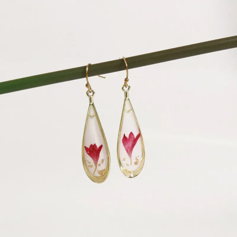Real Pressed Flower Drop Earrings | Handmade Dried Flower Resin Teardrop Earrings | Gold Plated Botanical Jewelry