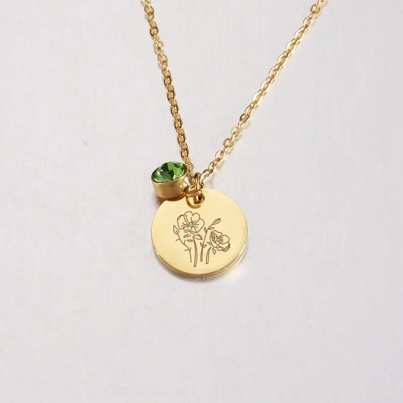 Birth Flower Birthstone Necklace - 18K Gold Plated Stainless Steel Disc Pendant Gift for Her