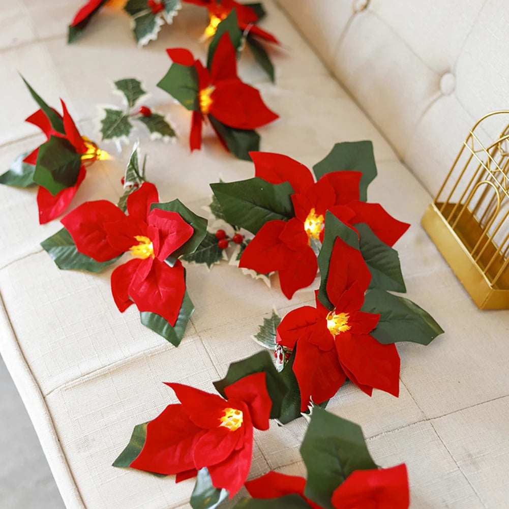Christmas Poinsettia Garland with LED Lights – 2m/3m - USB Powered Lighted Garland for Mantel, Fireplace, Staircase, Door Décor