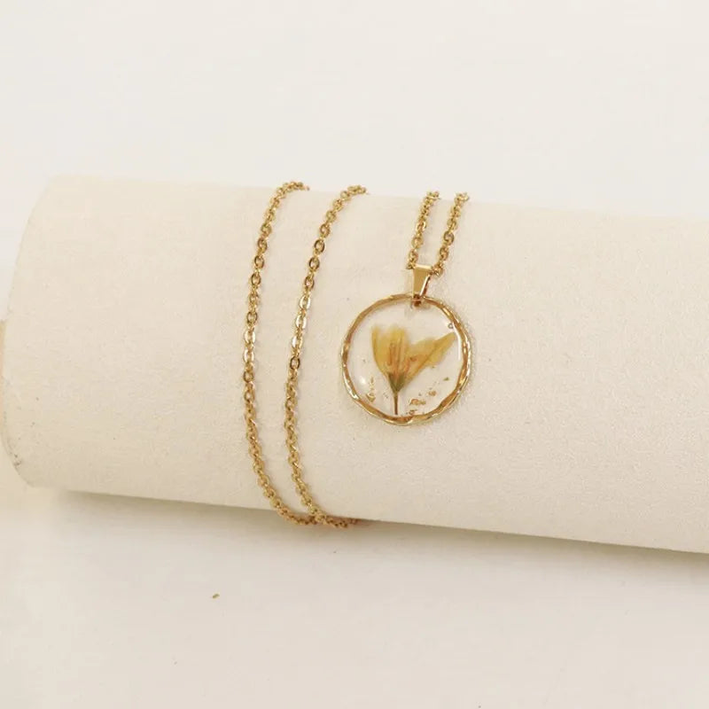Pressed Flower Resin Necklace | Handmade Real Dried Flower Pendant | Gold Plated Botanical Jewelry