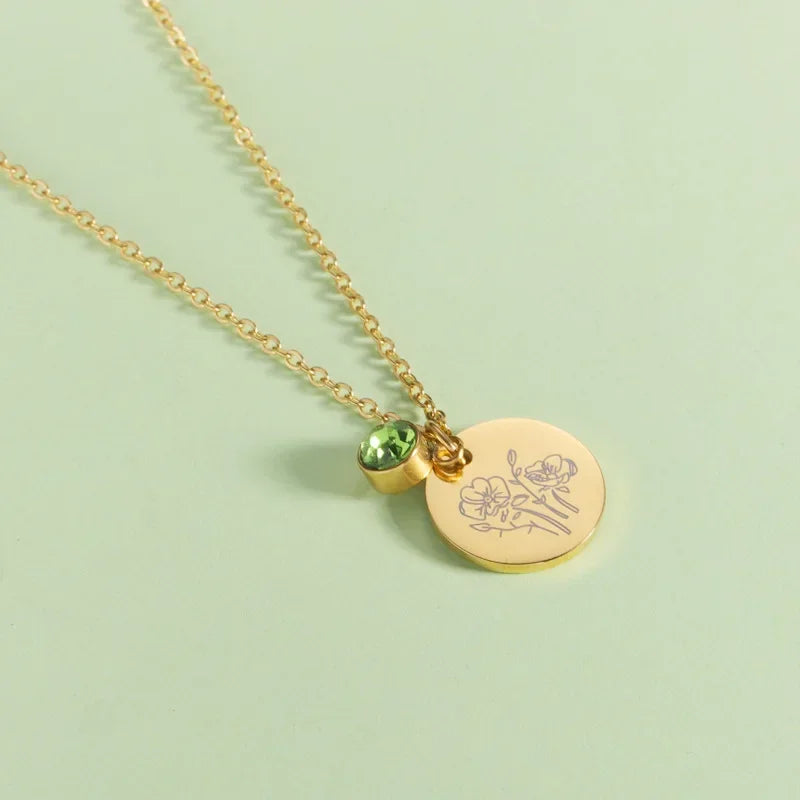 Birth Flower Birthstone Necklace - 18K Gold Plated Stainless Steel Disc Pendant Gift for Her