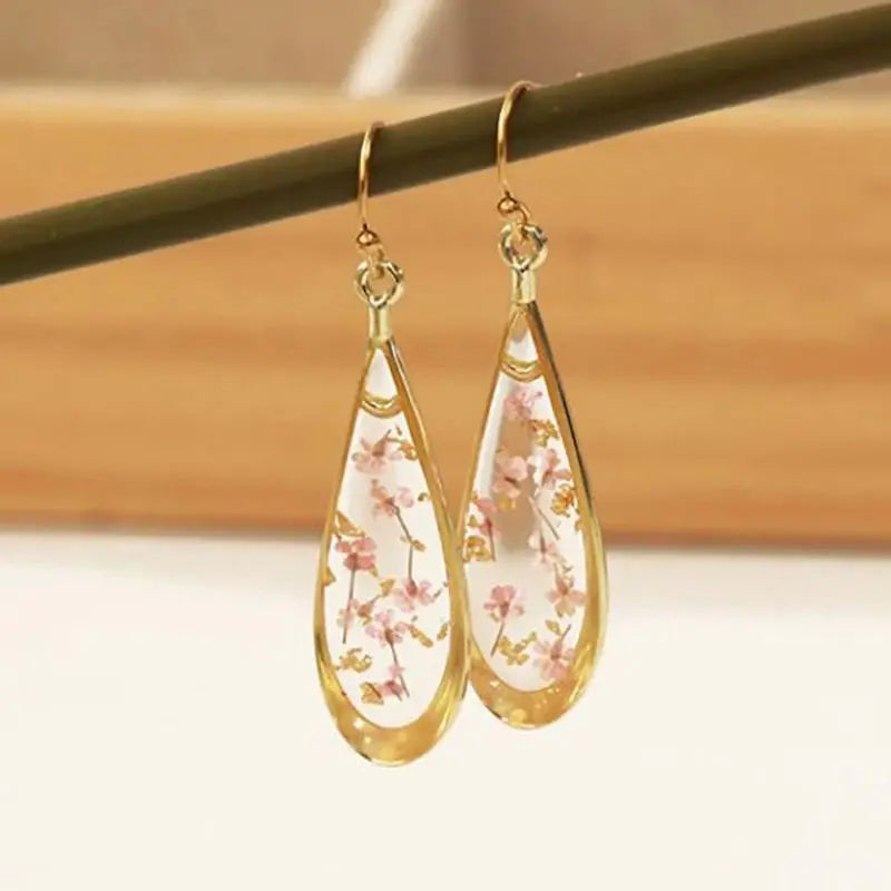 Real Pressed Flower Drop Earrings | Handmade Dried Flower Resin Teardrop Earrings | Gold Plated Botanical Jewelry