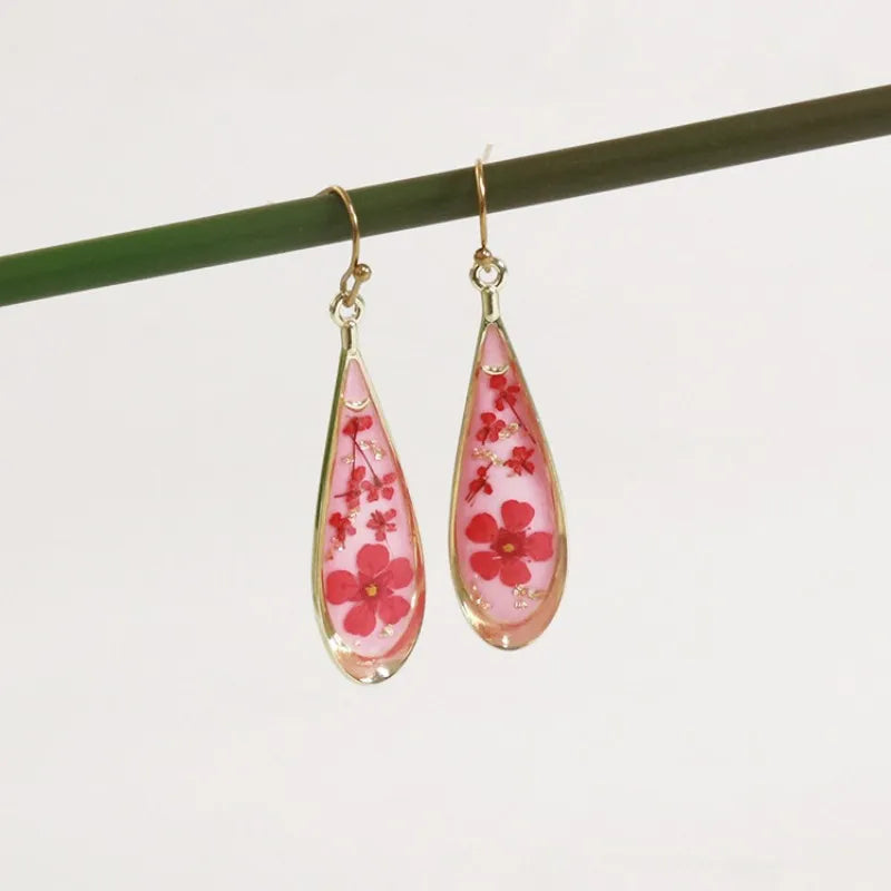 Real Pressed Flower Drop Earrings | Handmade Dried Flower Resin Teardrop Earrings | Gold Plated Botanical Jewelry