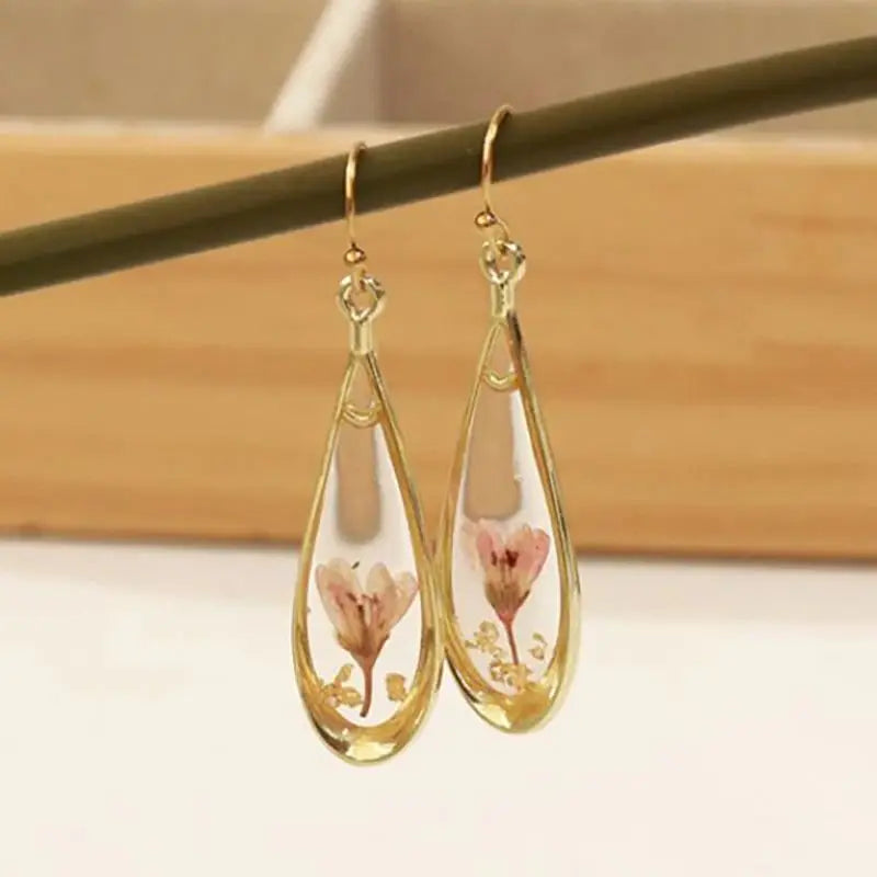 Real Pressed Flower Drop Earrings | Handmade Dried Flower Resin Teardrop Earrings | Gold Plated Botanical Jewelry