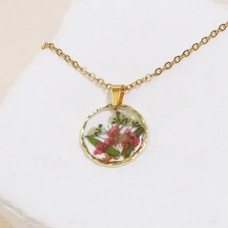 Pressed Flower Resin Necklace | Handmade Real Dried Flower Pendant | Gold Plated Botanical Jewelry