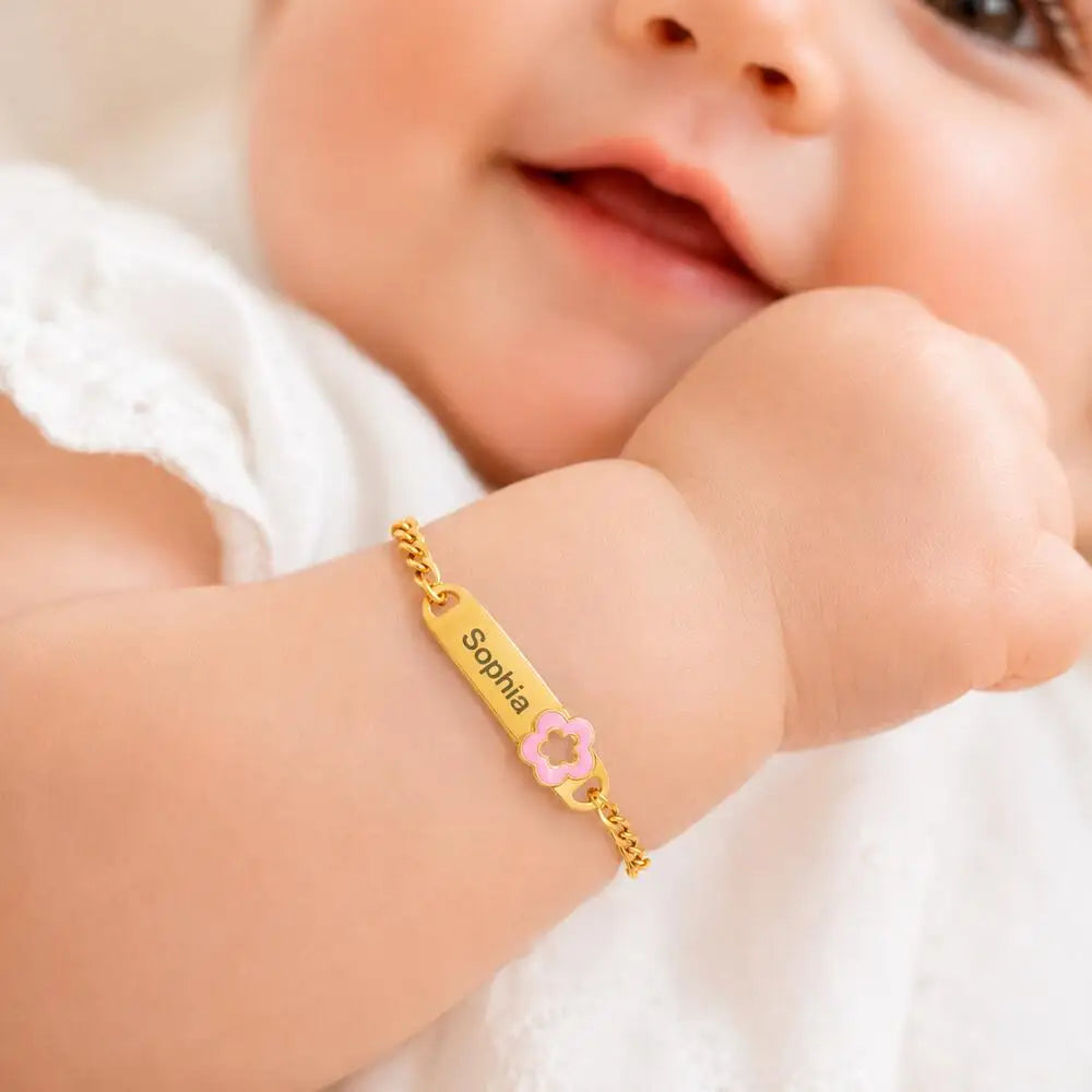 Personalized Baby Name Bracelet | 18K Gold Plated Flower ID Bar Bracelet for Kids | Waterproof Tarnish-Free Gift