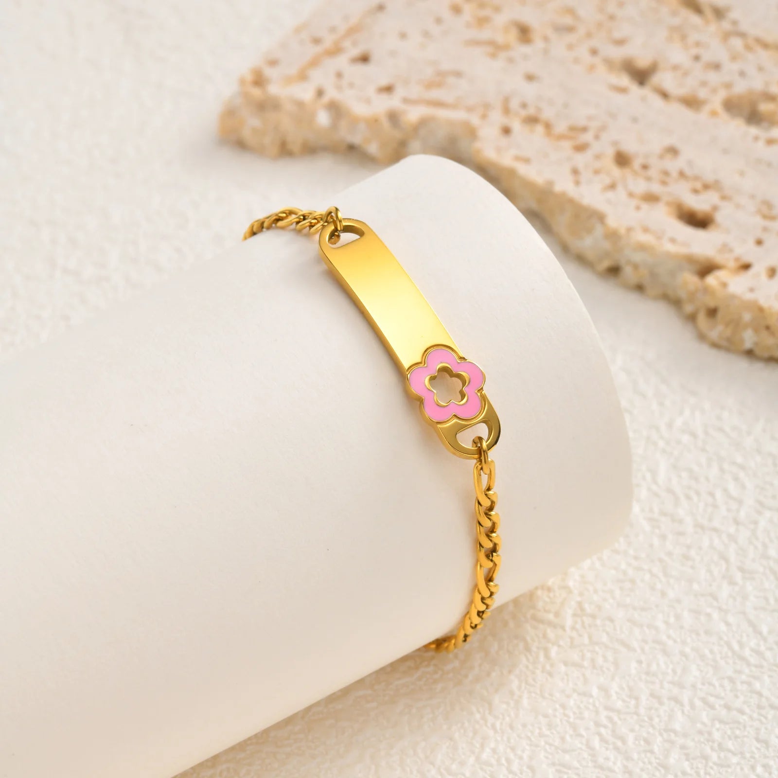 Personalized Baby Name Bracelet | 18K Gold Plated Flower ID Bar Bracelet for Kids | Waterproof Tarnish-Free Gift