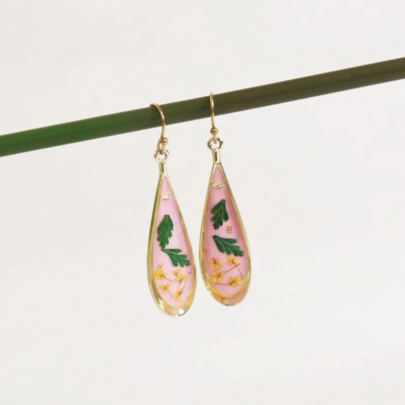 Real Pressed Flower Drop Earrings | Handmade Dried Flower Resin Teardrop Earrings | Gold Plated Botanical Jewelry