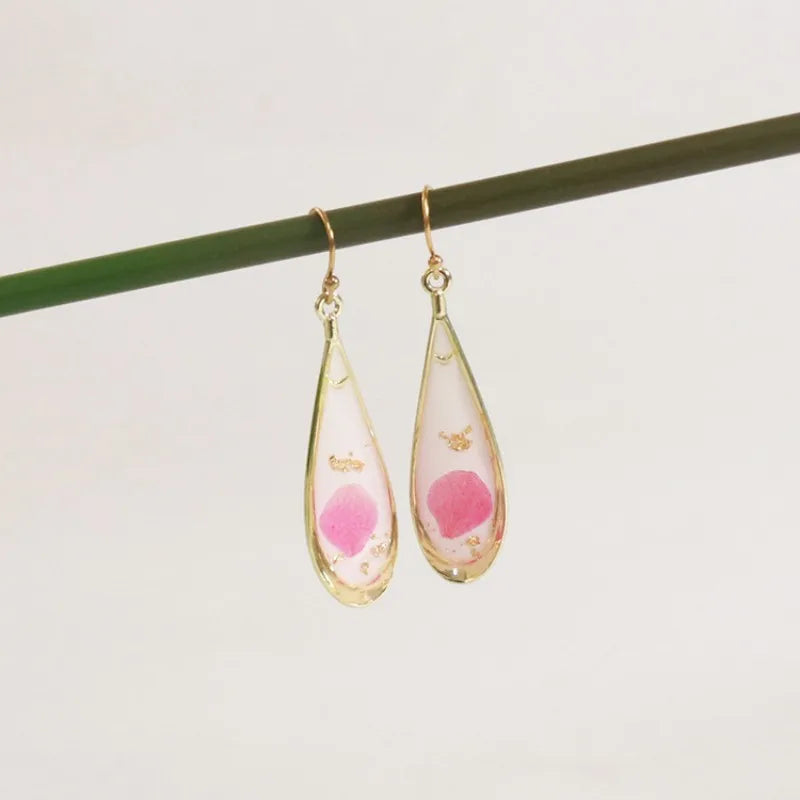 Real Pressed Flower Drop Earrings | Handmade Dried Flower Resin Teardrop Earrings | Gold Plated Botanical Jewelry