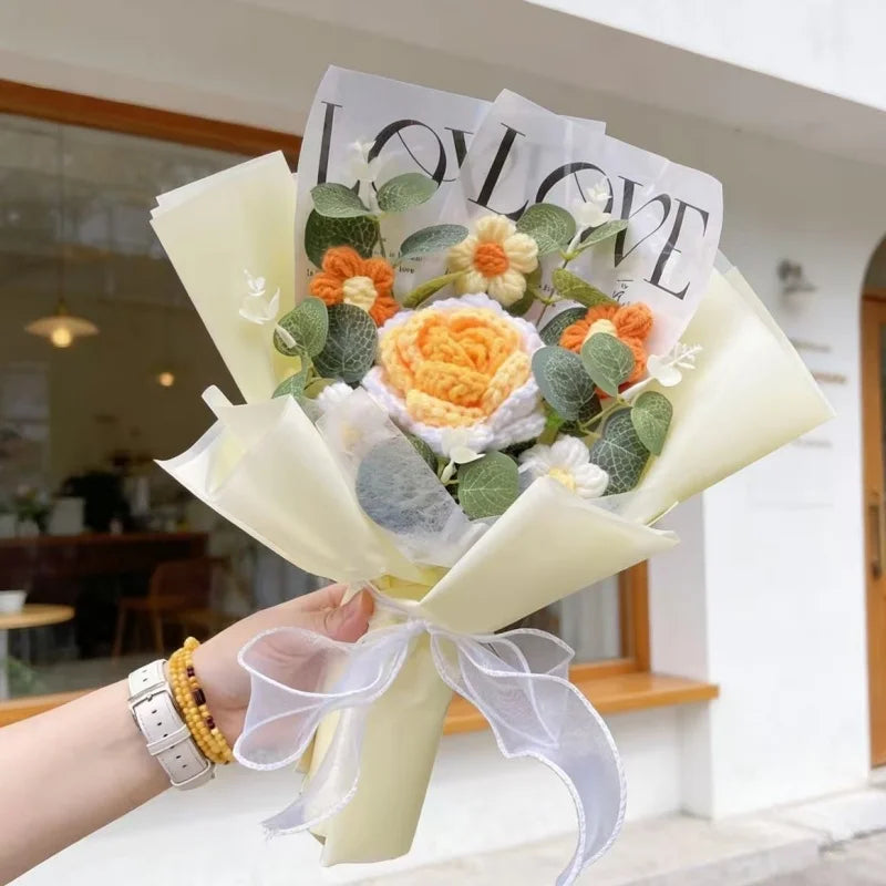 Handmade Crochet Rose & Sunflower Bouquet – Artificial Flowers for Wedding, Birthday Gift