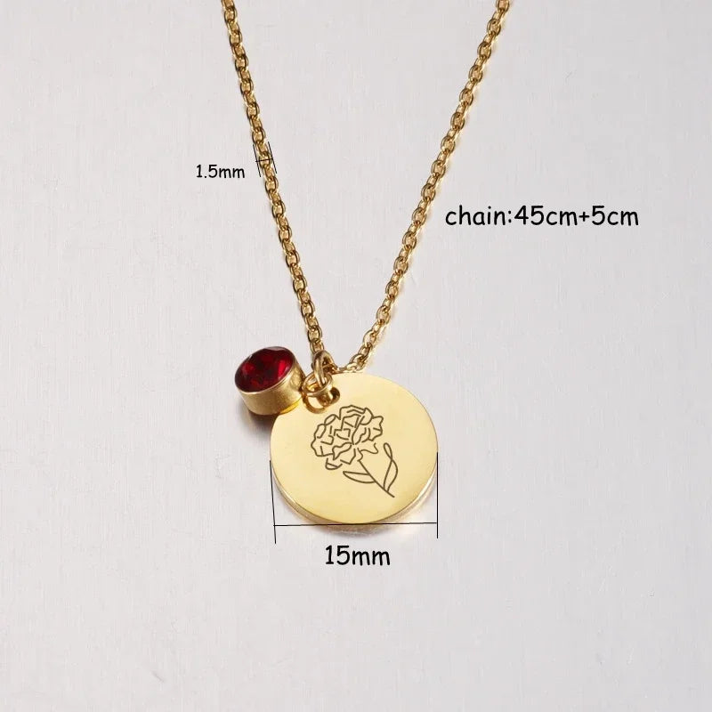 Birth Flower Birthstone Necklace - 18K Gold Plated Stainless Steel Disc Pendant Gift for Her