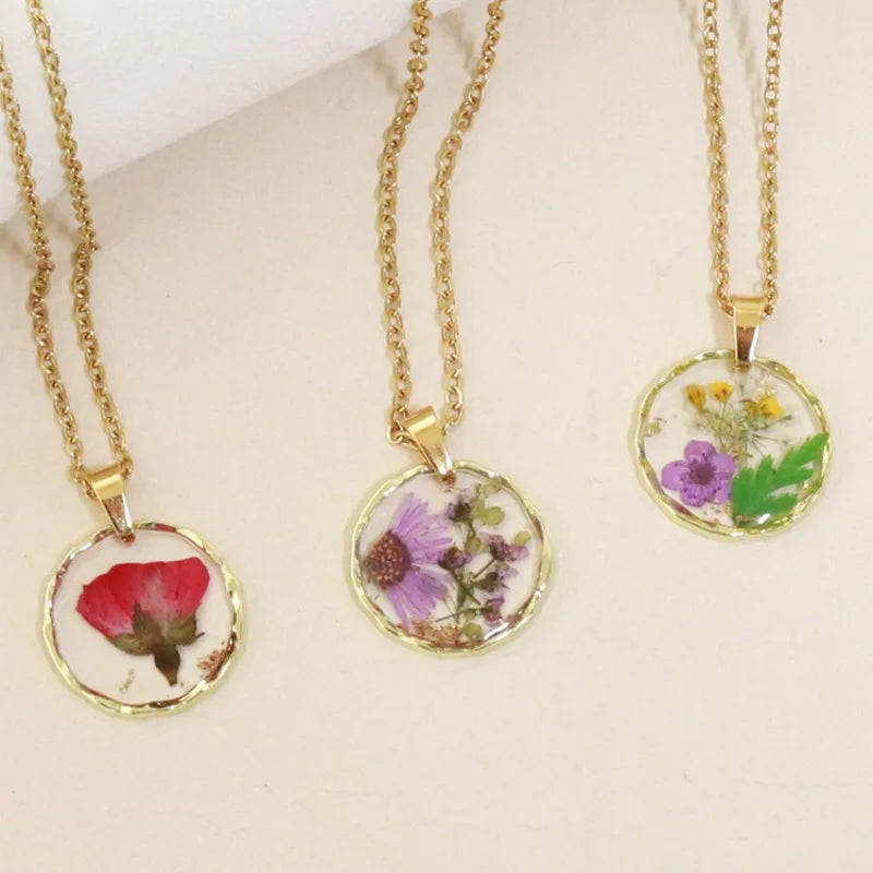 Pressed Flower Resin Necklace | Handmade Real Dried Flower Pendant | Gold Plated Botanical Jewelry