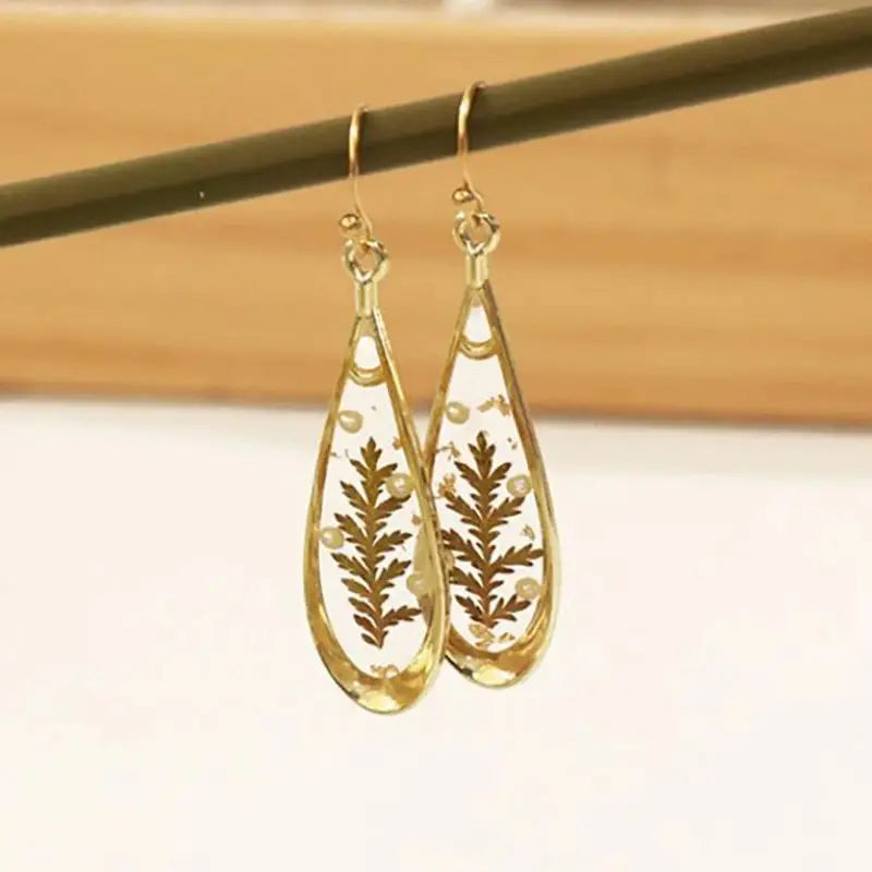 Real Pressed Flower Drop Earrings | Handmade Dried Flower Resin Teardrop Earrings | Gold Plated Botanical Jewelry