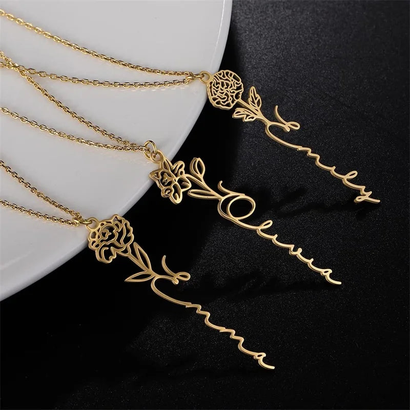 Personalized Birth Flower Name Necklace - 18K Gold Plated Dainty Pendant