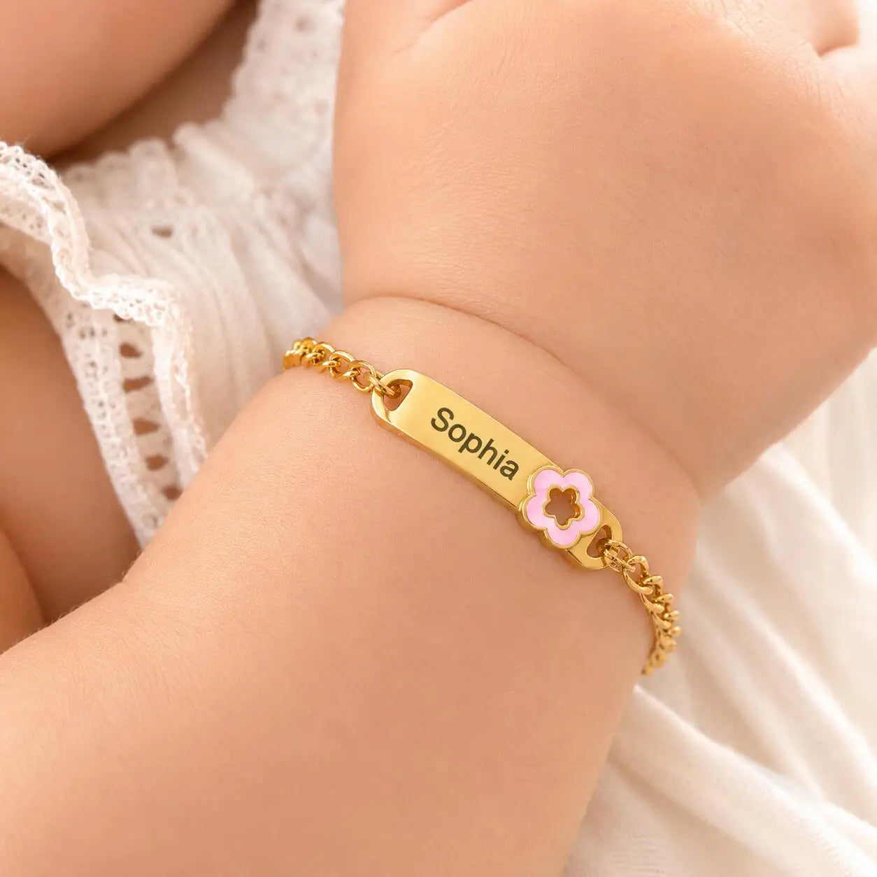 Personalized Baby Name Bracelet | 18K Gold Plated Flower ID Bar Bracelet for Kids | Waterproof Tarnish-Free Gift