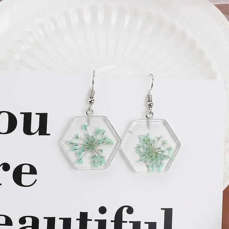 Real Pressed Flower Drop Earrings | Handmade Dried Flower Resin Teardrop Earrings | Gold Plated Botanical Jewelry
