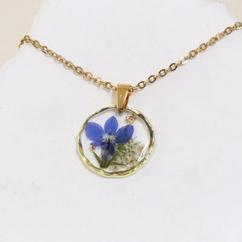 Pressed Flower Resin Necklace | Handmade Real Dried Flower Pendant | Gold Plated Botanical Jewelry