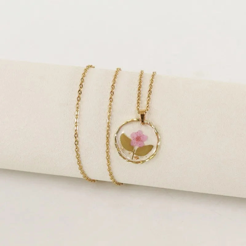 Pressed Flower Resin Necklace | Handmade Real Dried Flower Pendant | Gold Plated Botanical Jewelry