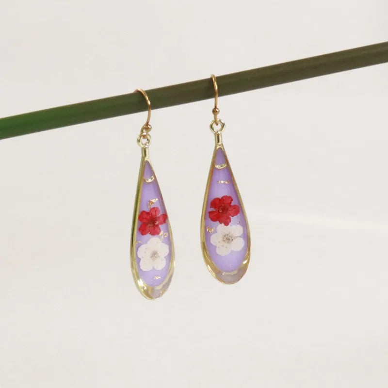 Real Pressed Flower Drop Earrings | Handmade Dried Flower Resin Teardrop Earrings | Gold Plated Botanical Jewelry
