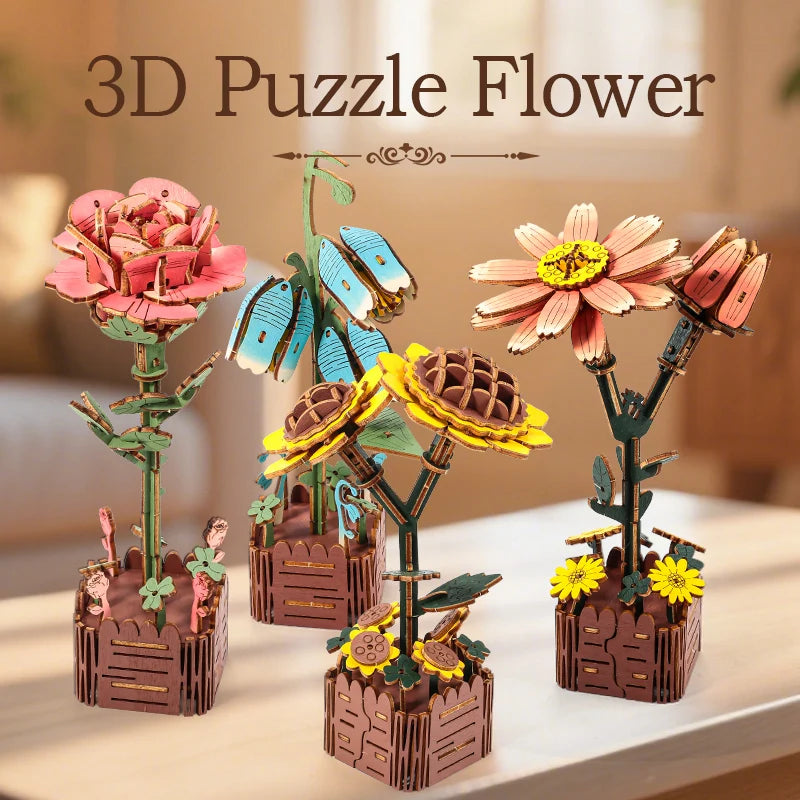 3D Woodcraft Hand-Held Flower Set Vase – DIY Puzzle Craft Kit, Home Decor Gift