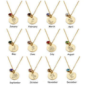 Birth Flower Birthstone Necklace - 18K Gold Plated Stainless Steel Disc Pendant Gift for Her