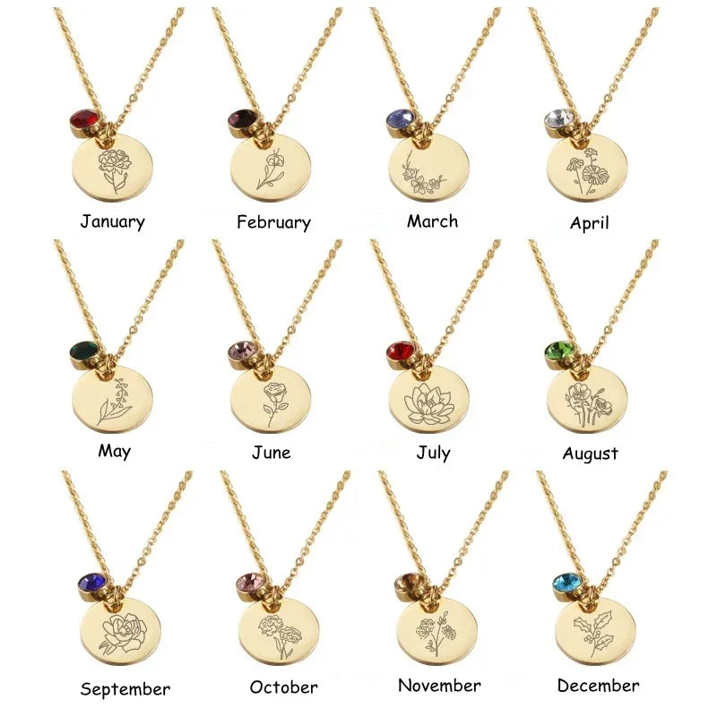 Birth Flower Birthstone Necklace - 18K Gold Plated Stainless Steel Disc Pendant Gift for Her