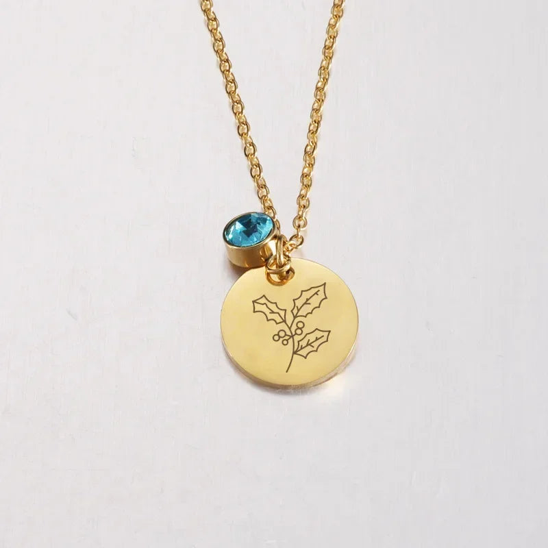 Birth Flower Birthstone Necklace - 18K Gold Plated Stainless Steel Disc Pendant Gift for Her